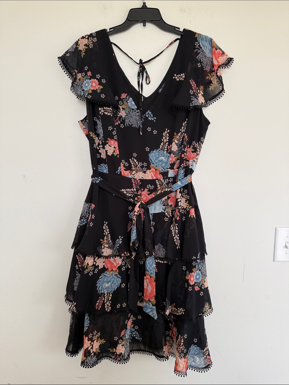 City Chic Black Floral Ruffle Tie-Waist Mini Dress